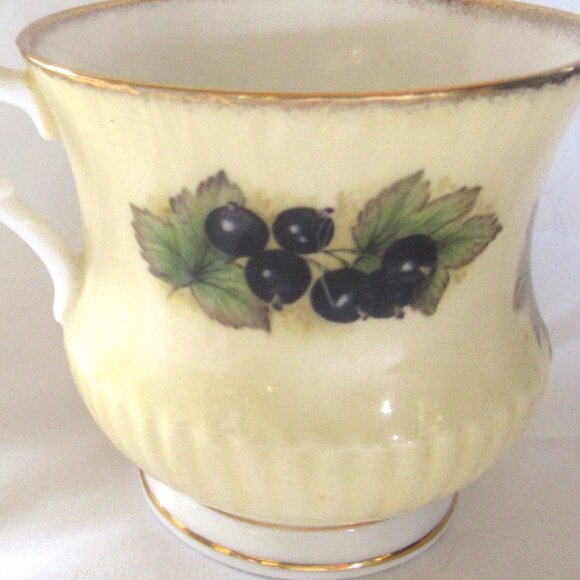 Queen's Tea Cup and Saucer, Summer Fruit, Brushed Gold Gilt, Molded, Fancy I111 - Picture 8 of 9